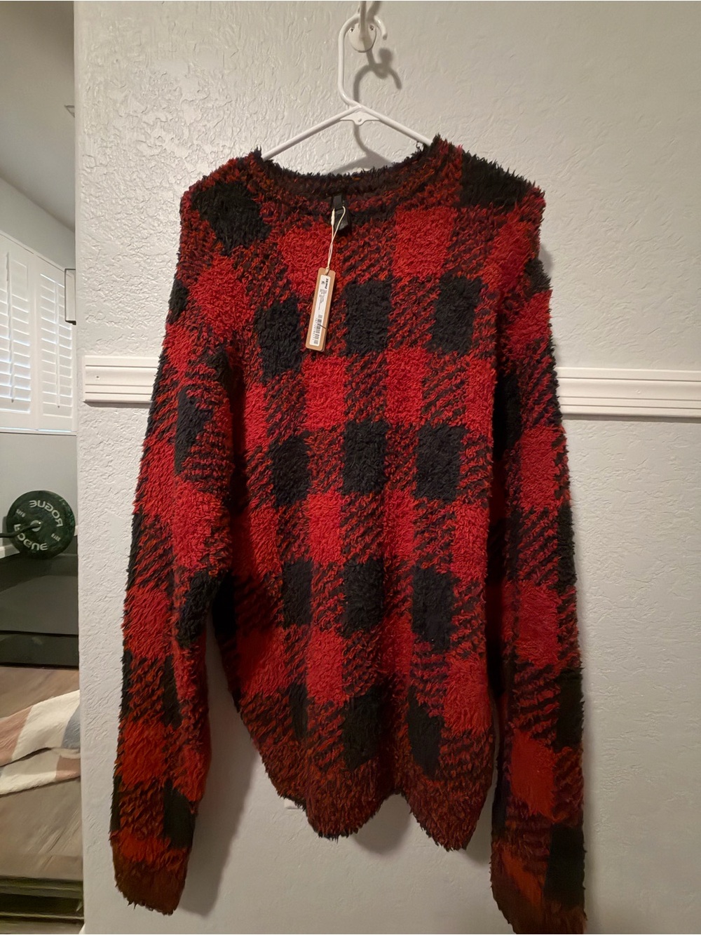 SKIMS Red and Black Buffalo-Check Crewneck Sweater